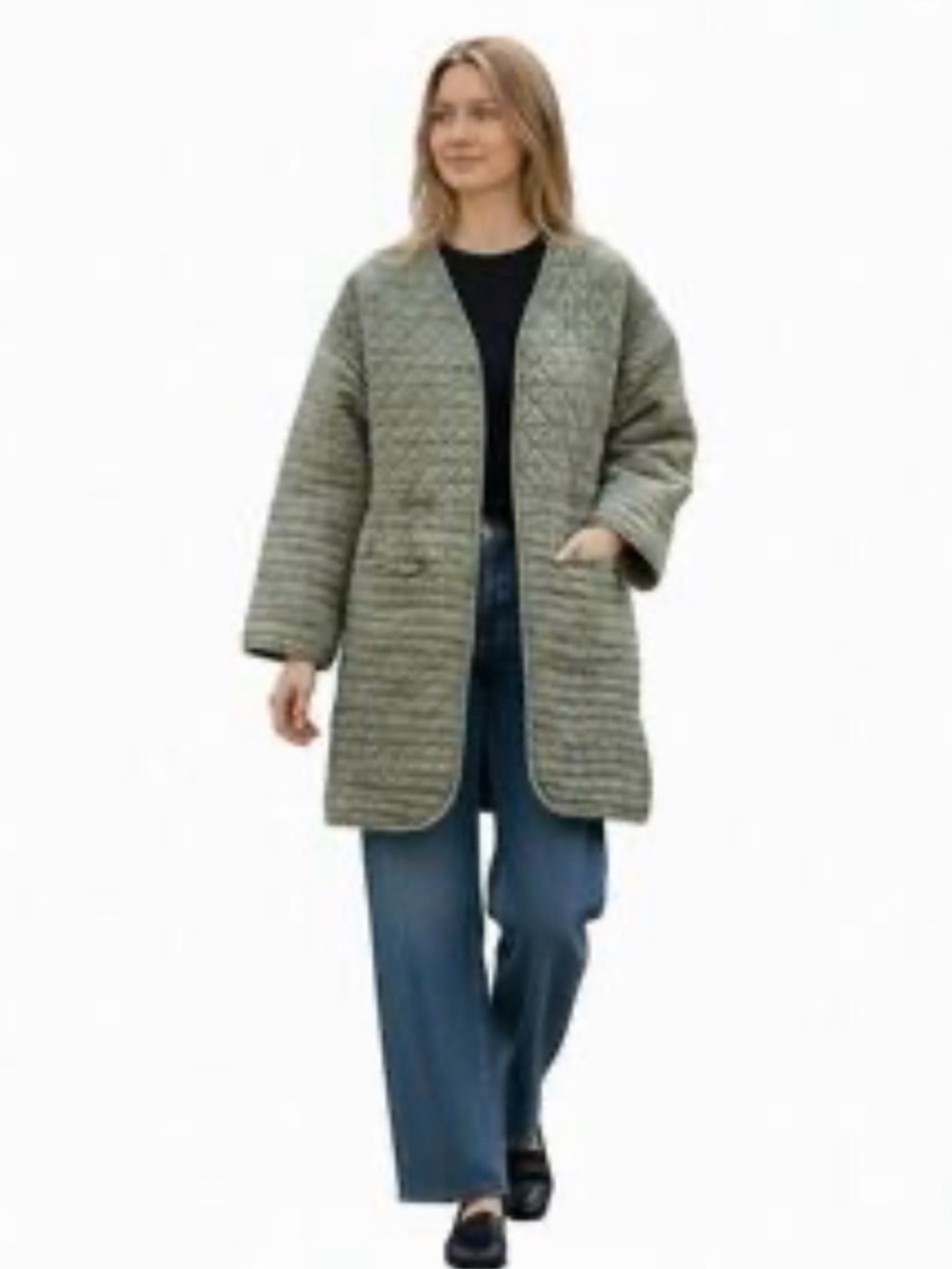 Cost Plus World Market Quilted Open-Front Coatigan in Olive Green